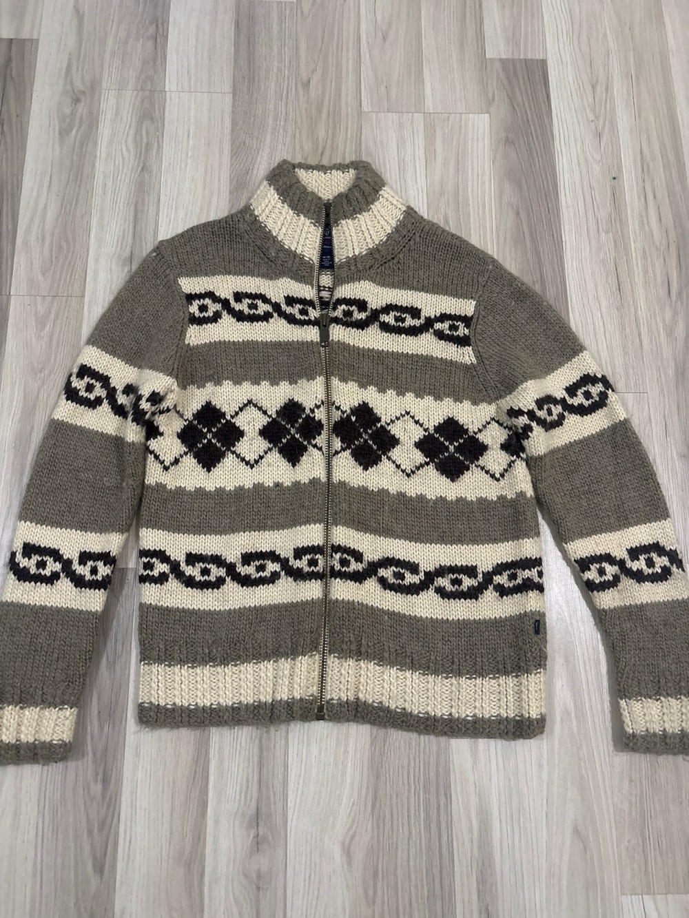 American Eagle Outfitters Wool Alpaca Gray & Cream Patterned Zip-Up Sweater Sz M - Picture 2 of 13